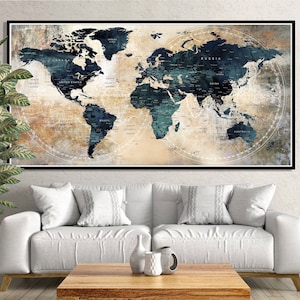Extra Large Wall Art World Map Watercolor Poster Print Beige and Navy Blue Original Artwork Travel Map Print For Living Room Decor -  F92
