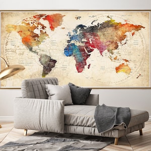 Prezent do domu, Światowa mapa ścienna, Rustykalna dekoracja ścienna, Mapa podróży z pinezką, Plakat z akwarelową mapą ścienną, Prezent na parapetówkę Pierwszy dom -F78
