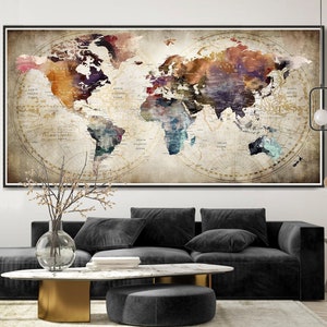 Mappa del mondo Push Pin acquerello Poster, esclusiva blu Pushpin Travel Map Wall Art, grande Home Decor Modern Living Room Art - F09