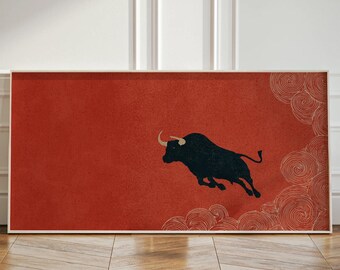 Bull Wall Art, Vintage Spanish Poster, Red Black Animal Print, Rustic Decor