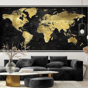World Map Black and Gold Textured Wall Art, Push Pin Decor Atlas Print Poster, Travel Poster Large wall art Large world map -F52