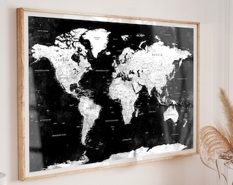 Push Pin Travel Map Poster, Black And White World Map Wall Art, Home Gift, Office Decor, Living Room Wall Decor, Large Adventure Map - M74