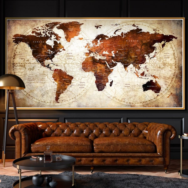 World Map, Gift for The Home, Push Pin World Map Wall Art, Weltkarte Holz, Travel Map of the World, Housewarming Gift for Family Couple -F79