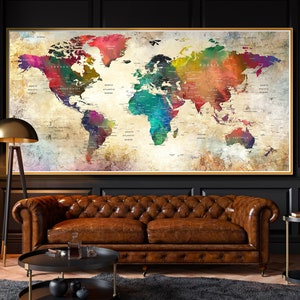 Großes Poster Abenteuer Push-Pin Reisekarte, Weltkarte Wandkunst, Sanfte Farben Dekoration Aquarell, Haus, Büro für Wohnzimmer Kunst - L110