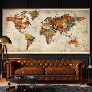 Art mural carte du monde original surdimensionné sur fond beige, carte du monde avec punaises, carte du monde art mural moderne, carte, décoration de chambre - F60