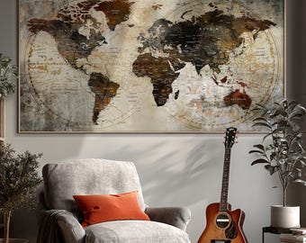 Extra Large Push Pin Map: Industrial Print Wall Art, Antique Tones Home Decor
