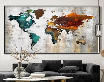 Impresión artística de un mapa del mundo moderno: póster de viaje con chinchetas, decoración del hogar