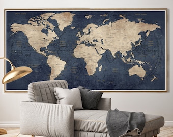 Navy Blue World Map Poster: Adventure Push Pin Travel Art