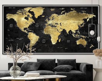 Black and Gold World Map Art: Textured Push Pin Travel Poster