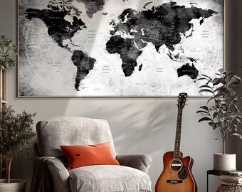 Personalized Push Pin World Map: Black & White Travel Art, Unique Couple Gift