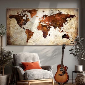 Art mural carte du monde à épingles : carte de voyage de style vintage
