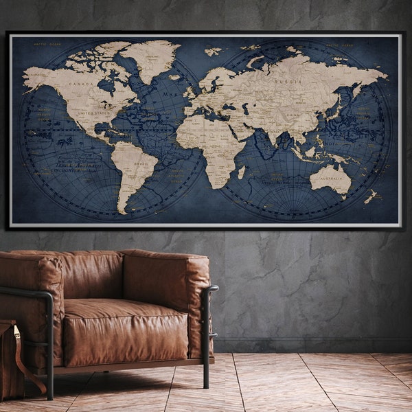 World Map Wall Art Push Pin Map Poster, Extra Large Travel Map Wall Decor, PushPin Wall Map 5th Anniversary Gift, Modern Wall Art - F28