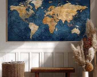 Vintage World Map Poster: Navy Blue Travel Wall Art, Large Home