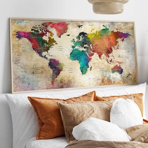 Watercolor World Map Poster: Adventure Push Pin Travel Art