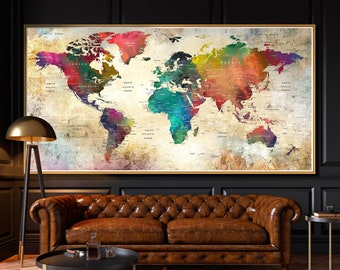 Large Poster Adventure Push Pin Travel Map, World Map Wall Art, Soft Color Decoration Watercolor, Home, Office for Living Room Art - L110