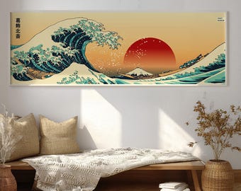 Japanese Wave Wall Art, Panoramic Ocean Landscape Poster, Ukiyo Style Minimal Wall Decor