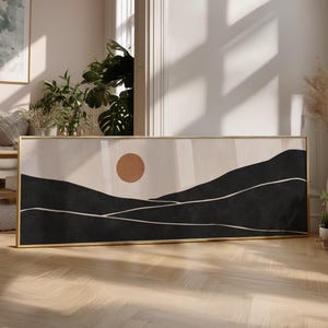 Panoramic Minimalist Sea & Sun Wall Art: Long Horizontal Waves Above Bed Framed Art