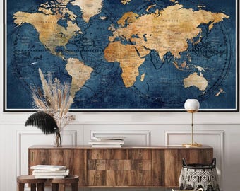 Vintage World Map Poster: Navy Blue Travel Wall Art, Large Home Decor Print