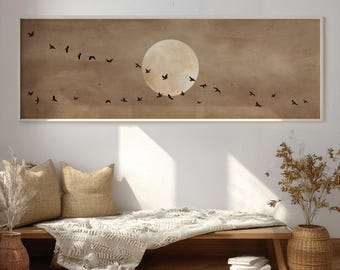 Sepia Moon Birds Wall Art, Long Horizontal Panoramic Minimal Print