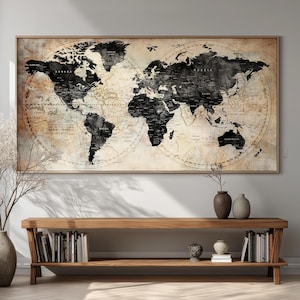 Vintage World Map Art, Large Neutral Travel Poster Print