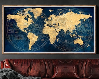 Regalo de aniversario, mapa del mundo, arte mural personalizado con leyenda azul marino, mapa del mundo con chinchetas, póster grande del mapa del mundo - F15