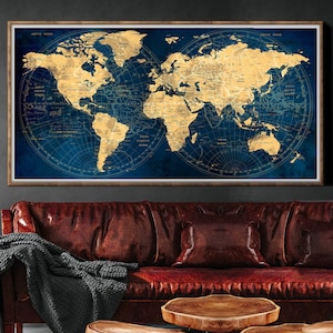 Große Weltkarte, Weltkarte, Personalisierte Legende Marineblaue Weltkarte Wandkunst, Pinnwandkunst, Großes Poster - F15
