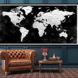 Grande affiche de carte du monde noir et blanc - impression décorative d'art de mur de carte du monde de punaise - carte de voyage personnalisée - affiche de carte minimaliste -F59