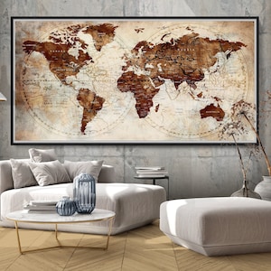 Grande carte du monde affiche impression noir et sépia carte du monde personnalisé carte du monde cadeau pour voyageur carte du monde Wanderlust cadeau décoration murale - F38