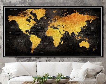 Impressão de mapa-múndi preto e dourado: pôster de viagem em estilo vintage