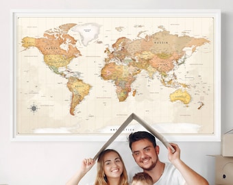 Decorative Map of the World Vintage Colored Push Pin World Map Poster, Large Modern Wall Art - F16