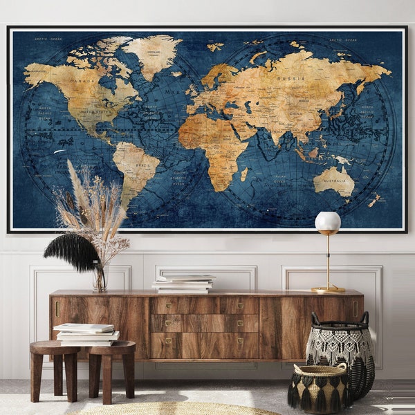 Enjoy World Map Wall Art Poster, Home Decor, 5th Anniversary Gift For Husband, Housewarming Gift, Living Room Decor - F90