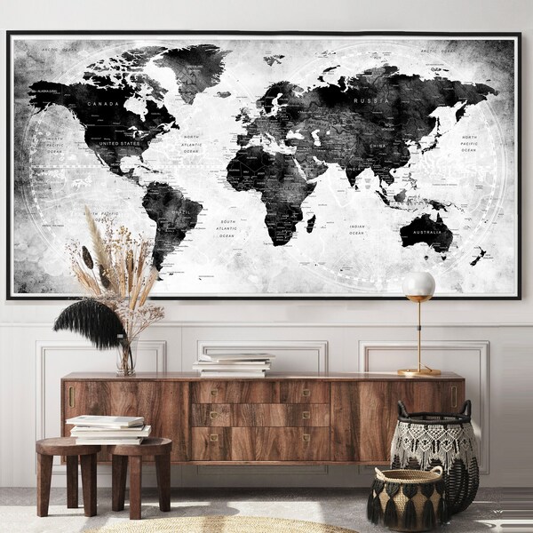 Large Black and White Map World Etsy
