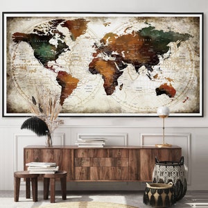 Póster de mapa del mundo, regalo de aniversario, mapa con chinchetas, arte mural de mapa del mundo, regalo de bodas, impresión de aniversario, regalo para esposo, regalo para esposa - F26