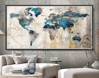 Blue Sepia World Map Art Print: Push Pin Adventure Poster