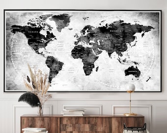 Grande carte du monde noir et blanc avec punaises, cadeau de style exécutif, affiche murale, décoration détaillée pour la maison et le bureau, affiche d'art mural, carte, cadeau - F10