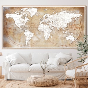 Detaillierte große Weltkarte Poster Art - Weltkarte Druck - Personalisierte Familienreisekarte Exekutivstil Globe Art - Weltkarte Gästebuch F18