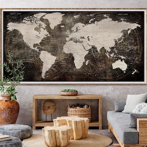 Carte du monde de voyage avec punaises - Carte avec punaises Wanderlust, affiche de carte du monde, grande oeuvre d'art murale, cadeau de voyage de mariage - F35