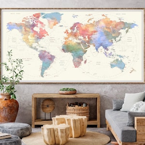 Cartaz do mapa do mundo, impressão de mapa de viagem de parede grande, alfinete de pressão moderno mapa legal arte de impressão - mapa de viajante personalizado arte de parede - F72