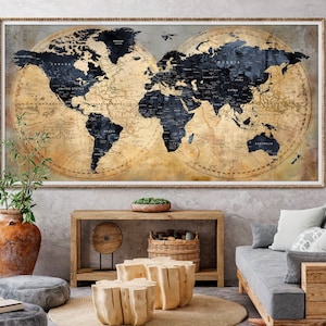 Mapa-múndi de parede, decoração para casa, presente de 5º aniversário para marido, mapa-múndi de viagem, decoração rústica de parede, presente de inauguração de casa, alfinete de pressão, mapa - F87