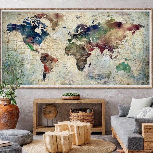 Mappa del mondo grande con puntina da disegno stile Executive / Poster con mappa del mondo con spilla ad acquerello / Stampa di mappa moderna / Stampa di mappa di viaggio - F65