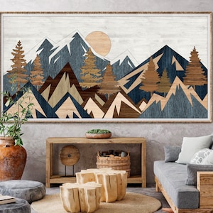 Wood Effect Mountain Wall Art Poster, Large Modern Art Rustic Decor for Living Room, Housewarming Gift Office Gift Decor - D01