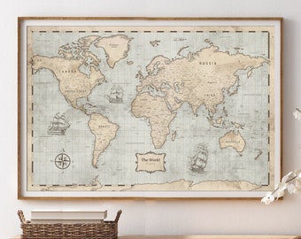World Map Poster Wall Art, Vintage Style Adventure Push Pin Travel Map With Countries, Home, Office, Living Room Wall Art Decor - M77