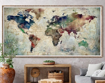 Chincheta grande con mapa del mundo, estilo ejecutivo, póster con mapa del mundo con chincheta de acuarela, impresión de mapa moderno, impresión de mapa de viaje - F65