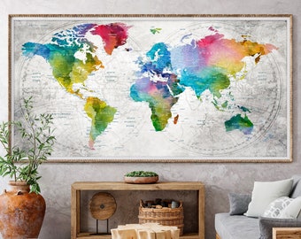 World map wall art extra large abstract art print world map colorful push pin map of the world print for Home, Office, Living Room Gift -F64