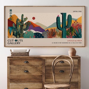 Abstraktes Kaktus Kunstwerk, Bunte Wandkunst, Berg Abstrakte Kunst, Patchwork, Illustration, Wohnzimmer Druck, Landschaftskunst, Floral -Y50