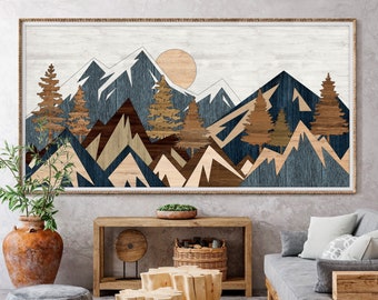 Wood Effect Mountain Wall Art Poster, Large Modern Art Rustic Decor for Living Room, Housewarming Gift Office Gift Decor - D01