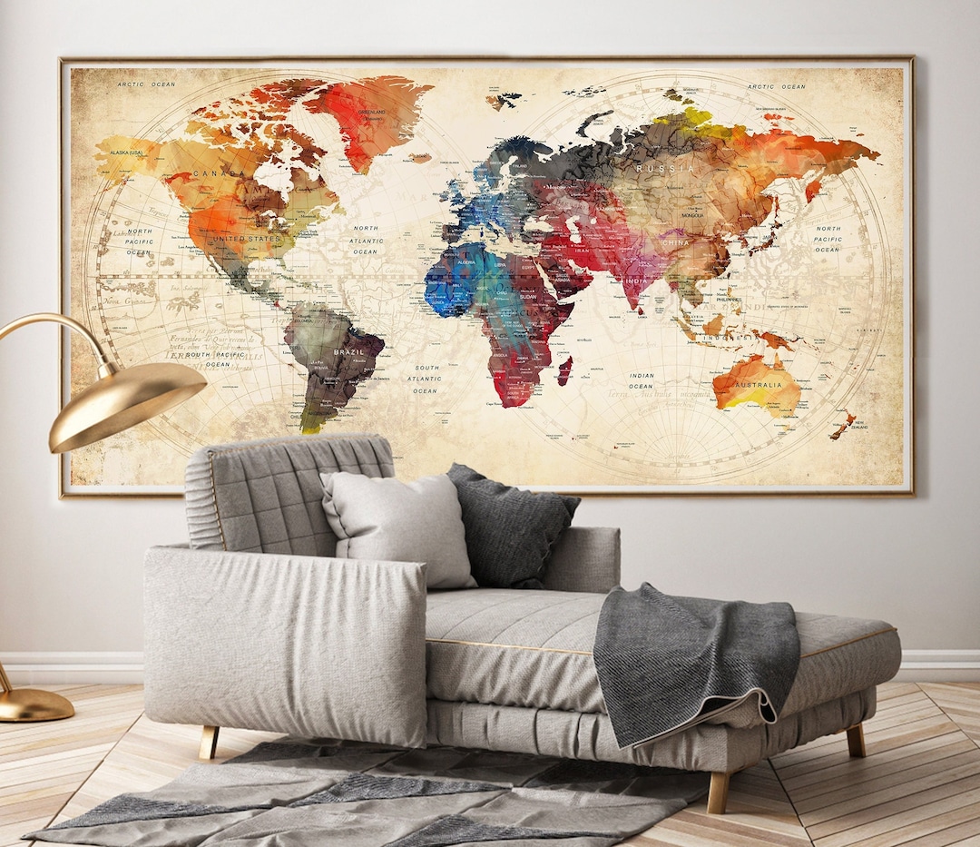 Watercolor World Map Poster: Rustic Push Pin Travel Art - Etsy