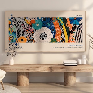 Yayoi Kusama Print, Mid Century Modern Dots Art, Large Horizontal Minimalist Wall Art, Panoramic Above Bed Decor, Boho Art -Y29