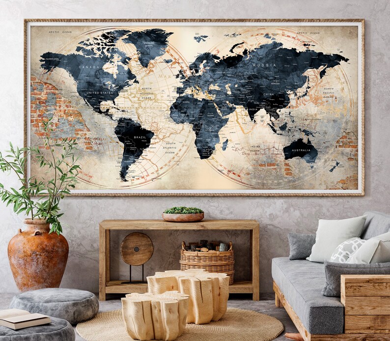 Large Abstract World Map Art Poster: Push Pin Travel Decor - Etsy