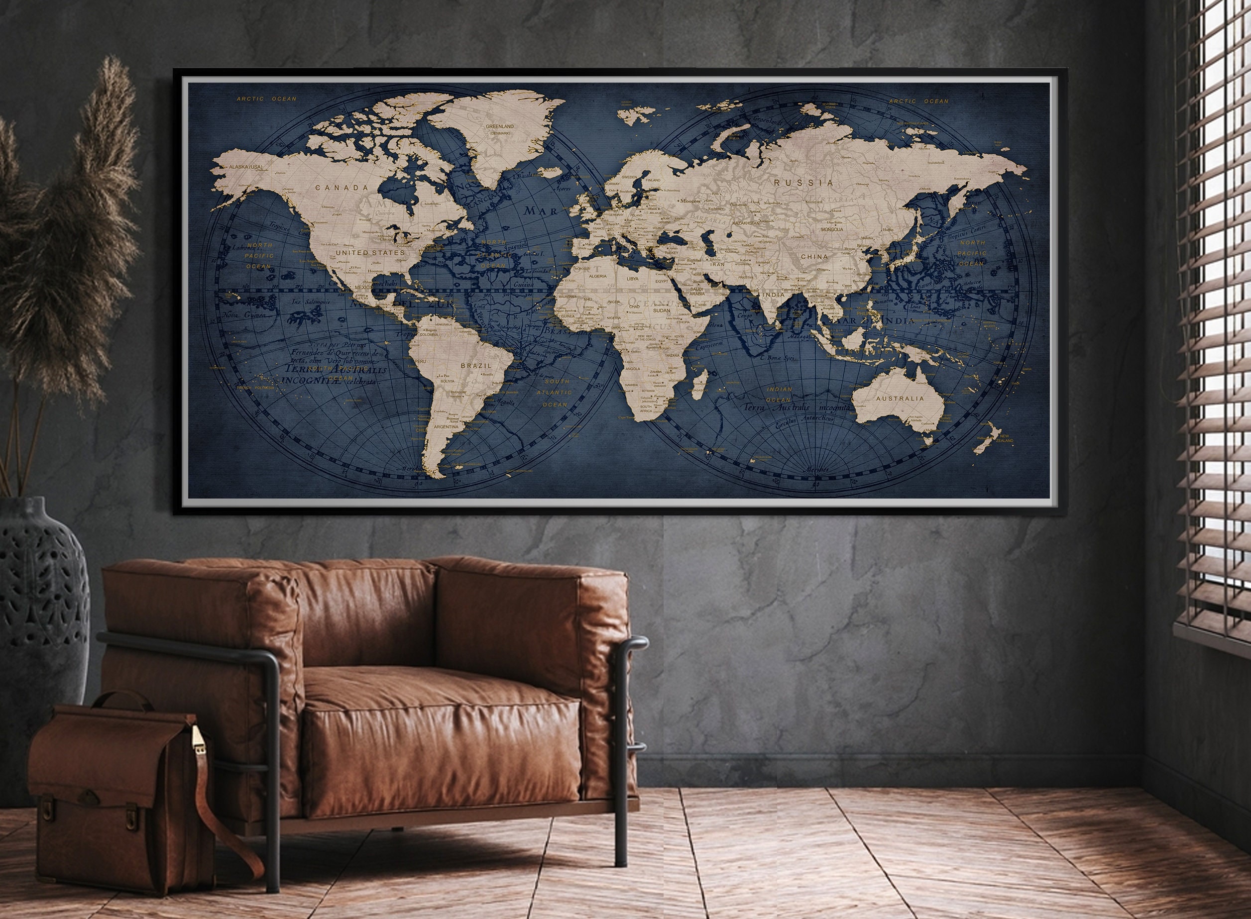 Póster de mapa del mundo con chinchetas, decoración de pared con mapa de viaje extragrande, regalo para el quinto aniversario, arte de pared moderno - F28